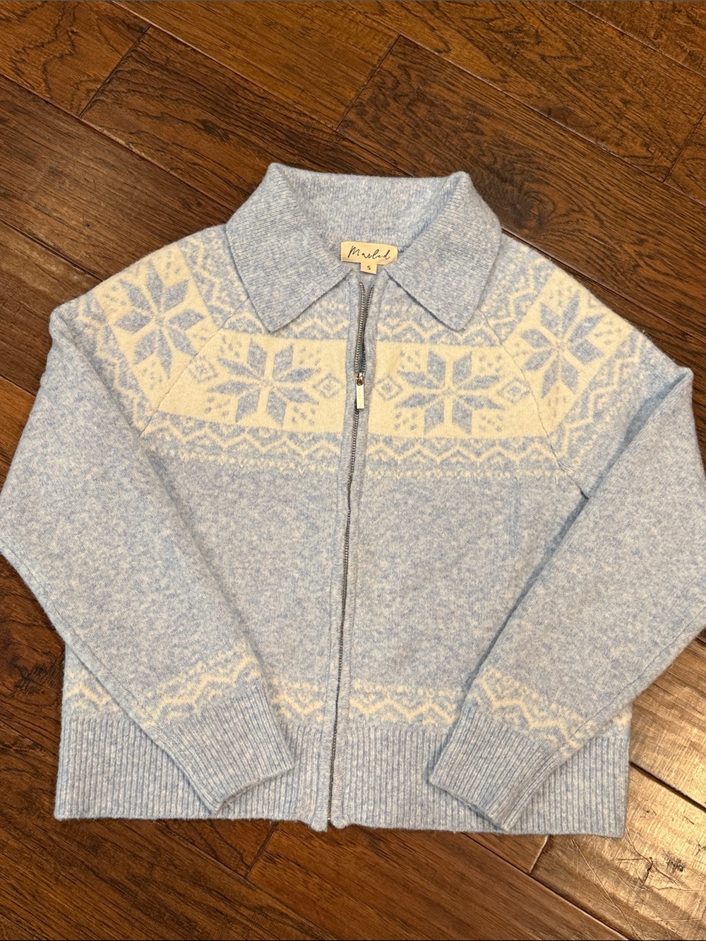 Marled Light Blue and Cream Zip-Front Nordic Cardigan